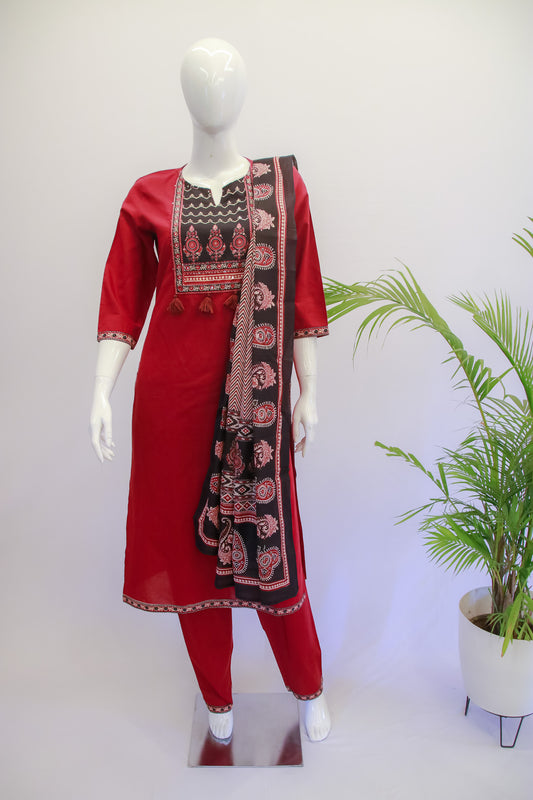Cotton Maroon Dupatta Set