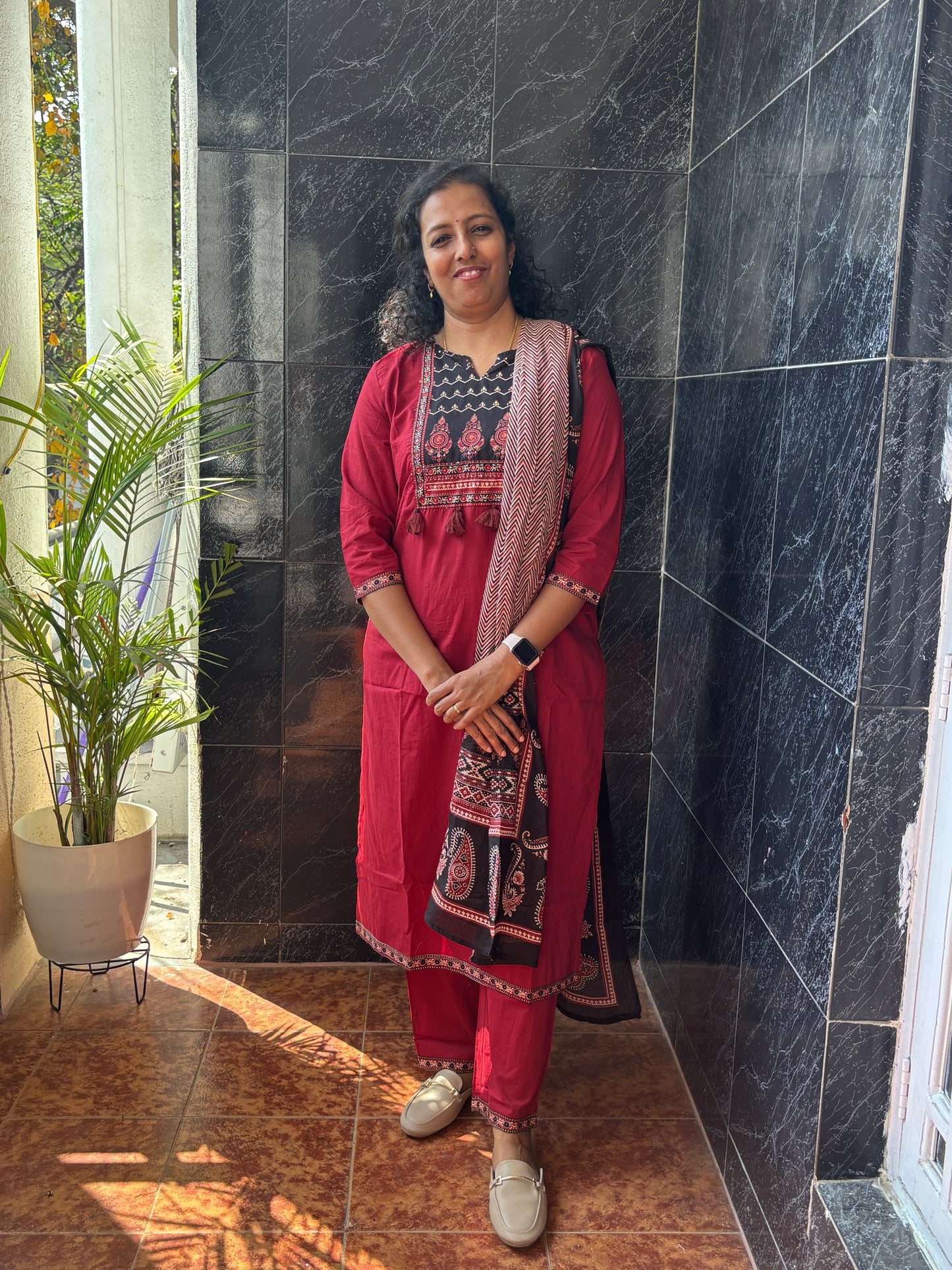 Cotton Maroon Dupatta Set