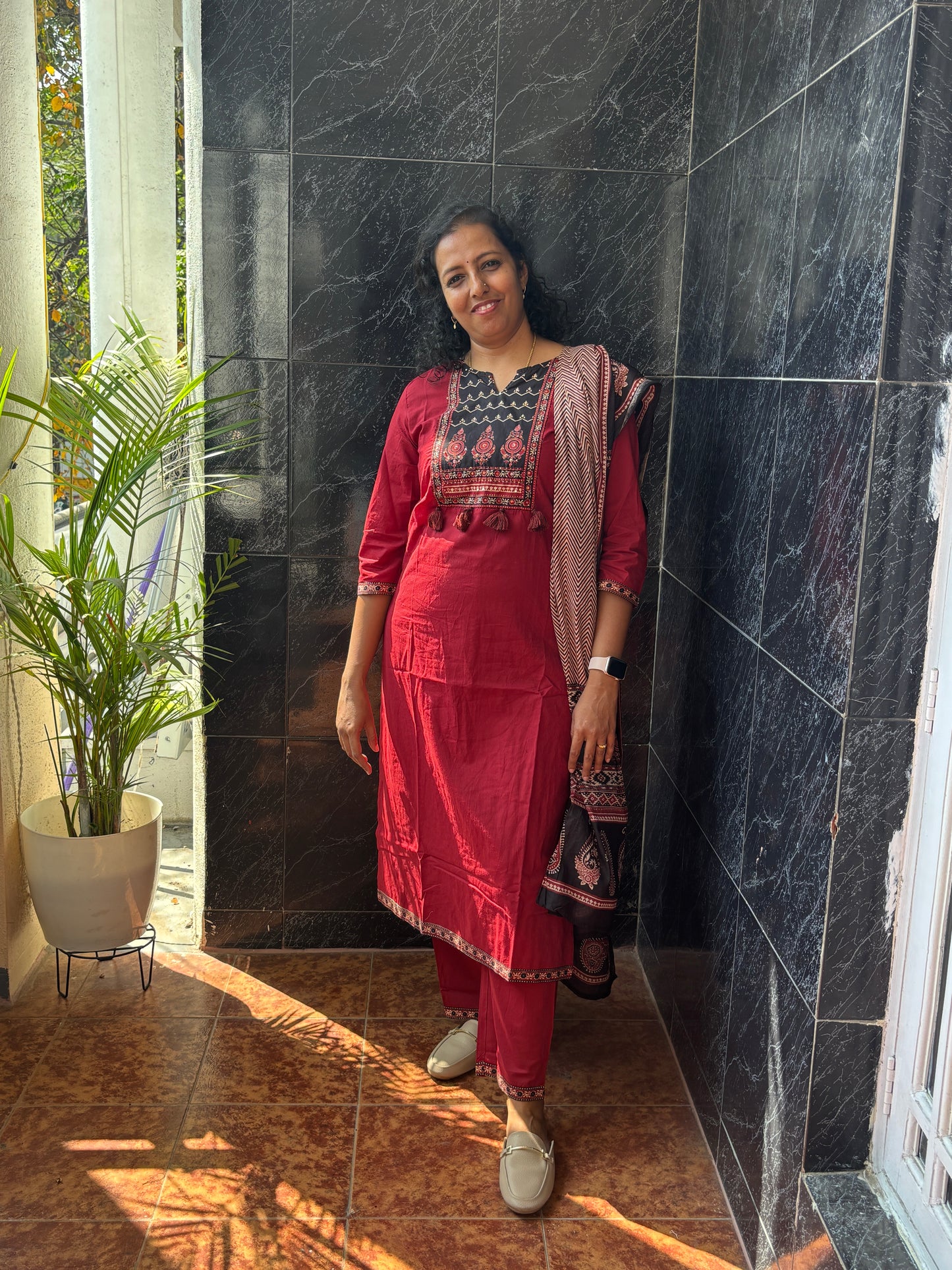 Cotton Maroon Dupatta Set