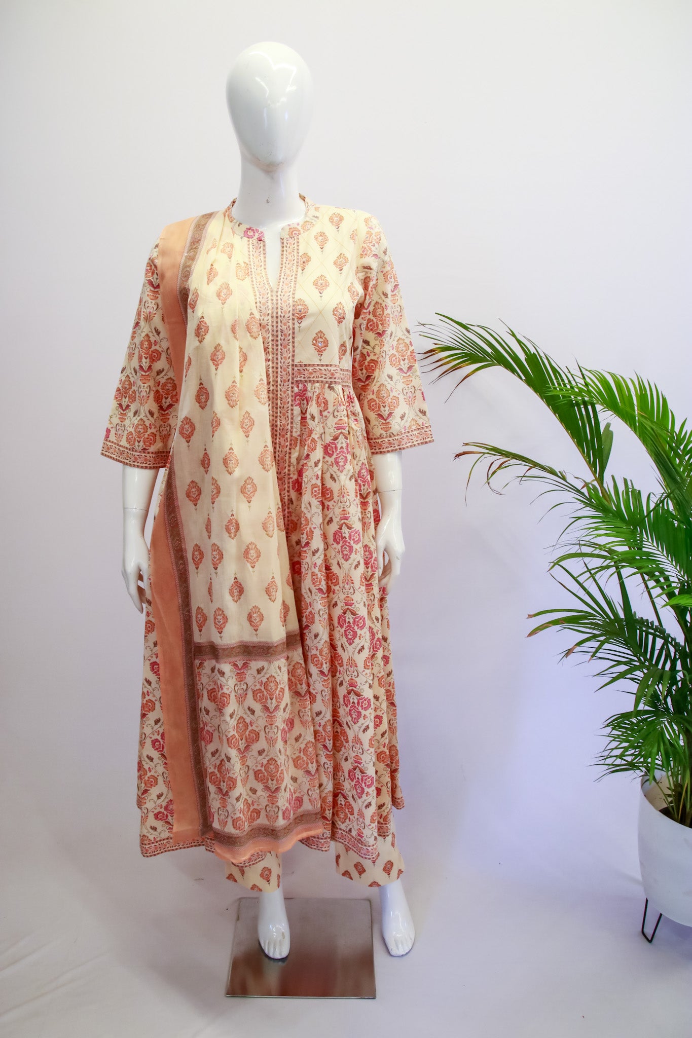Cotton Orange Anarkali Dupatta Set