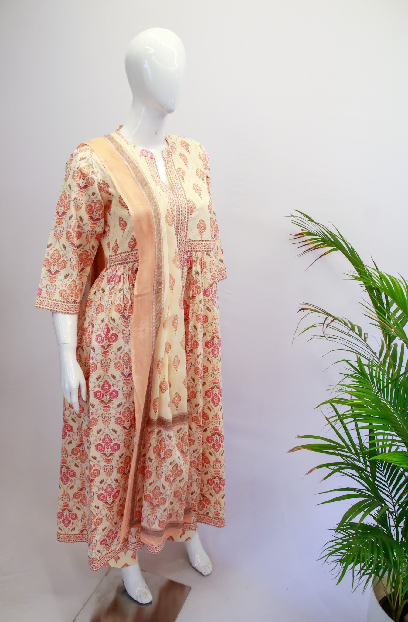 Cotton Orange Anarkali Dupatta Set