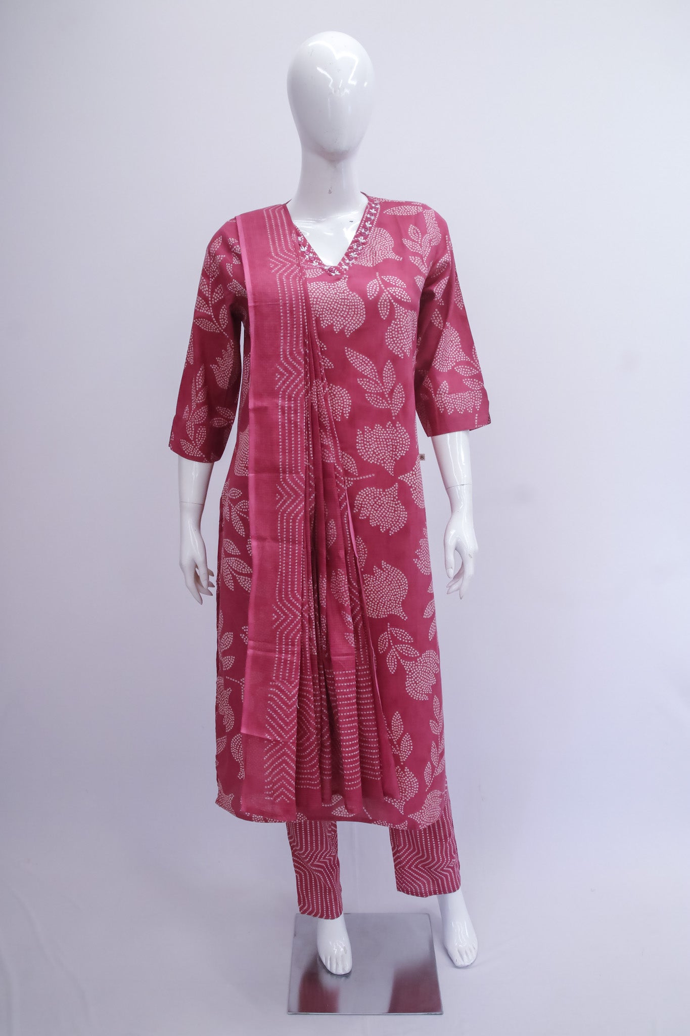 Cotton Pink Bandhini Dupatta Set