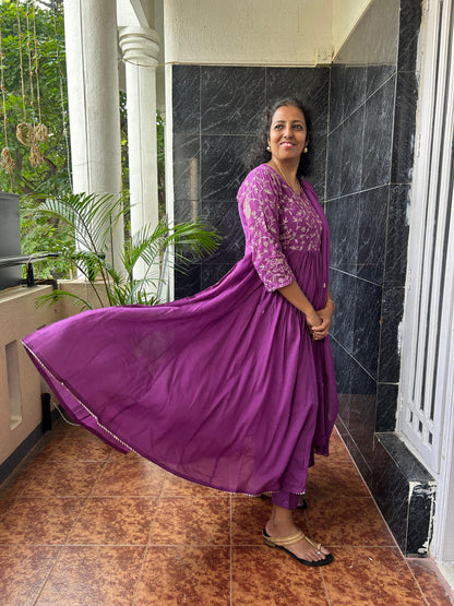 Cotton Purple Anarkali Dupatta Set