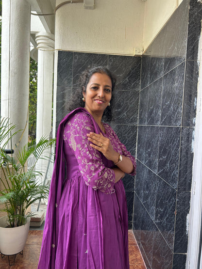 Cotton Purple Anarkali Dupatta Set