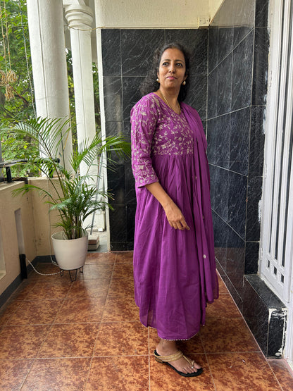 Cotton Purple Anarkali Dupatta Set