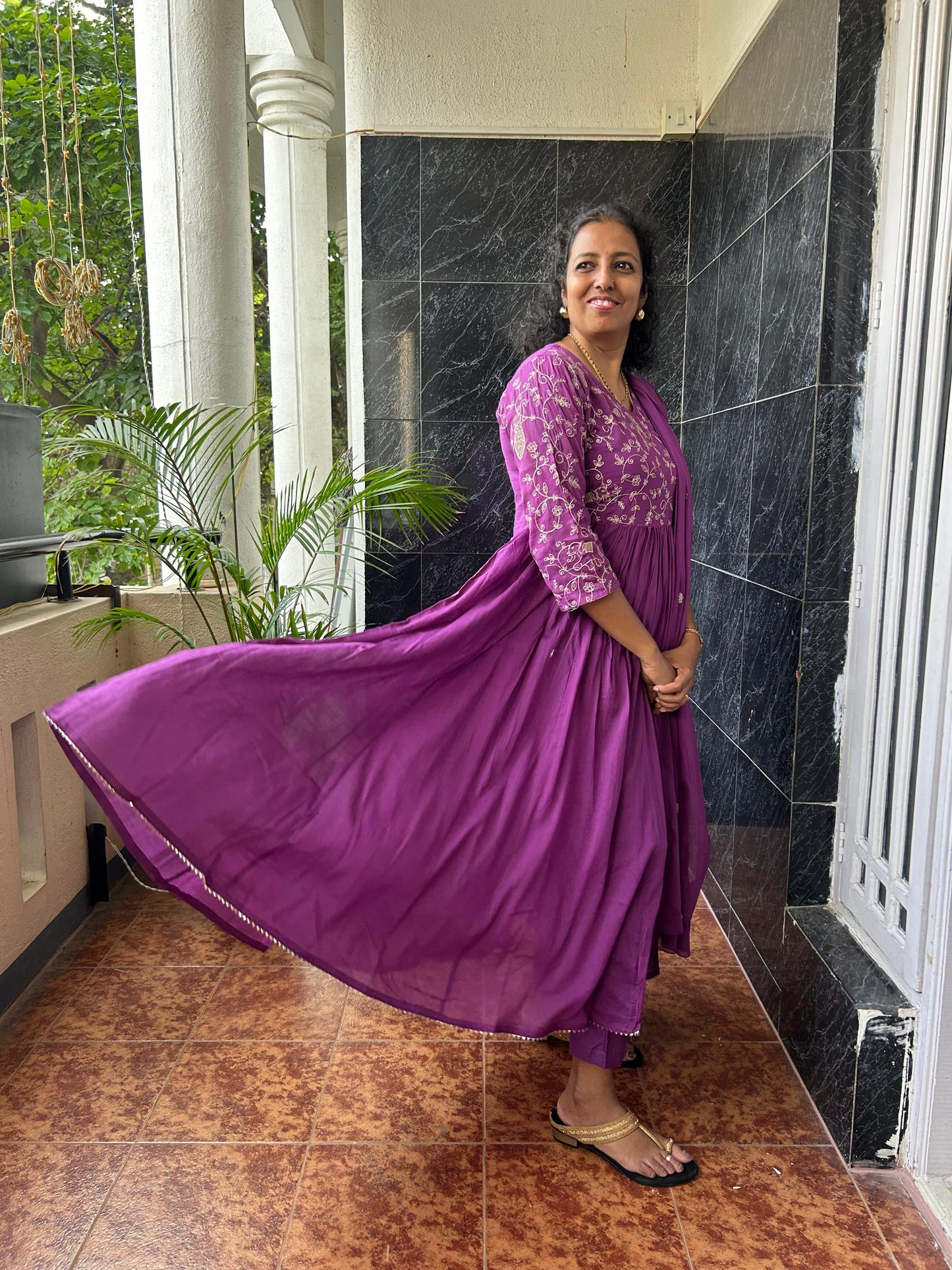 Cotton Purple Anarkali Dupatta Set