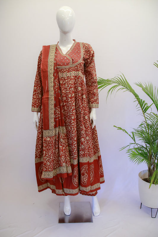 Cotton Rust Anarkali Dupatta Set