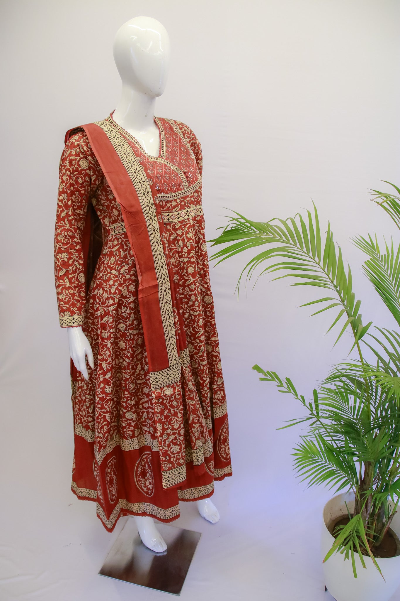 Cotton Rust Anarkali Dupatta Set