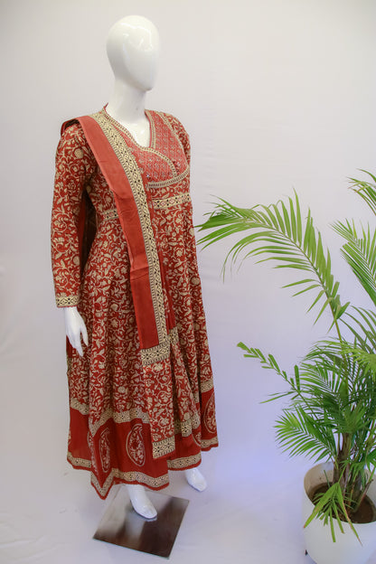 Cotton Rust Anarkali Dupatta Set