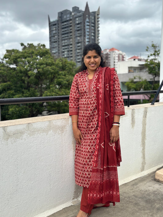 Rust Orange Cotton Dupatta Set with Geometrical Prints

Straight Cotton Kurta with Collar Neck & Sequin Work

Rust Orange Cotton Straight Pants with Elastic Waist

Cotton Dupatta with Geometrical Print – Rust Orange Suit

Comfortable Rust Orange Cotton Suit Set with Pocket