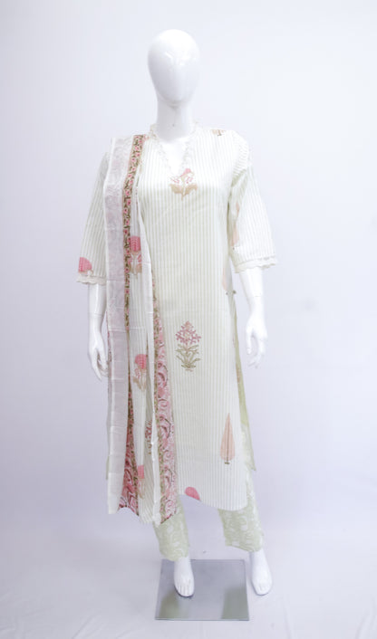 Mannequin wearing a white outfit with floral patterns on a white background