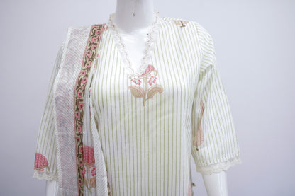 White striped shirt with floral embroidery on a mannequin against a white background