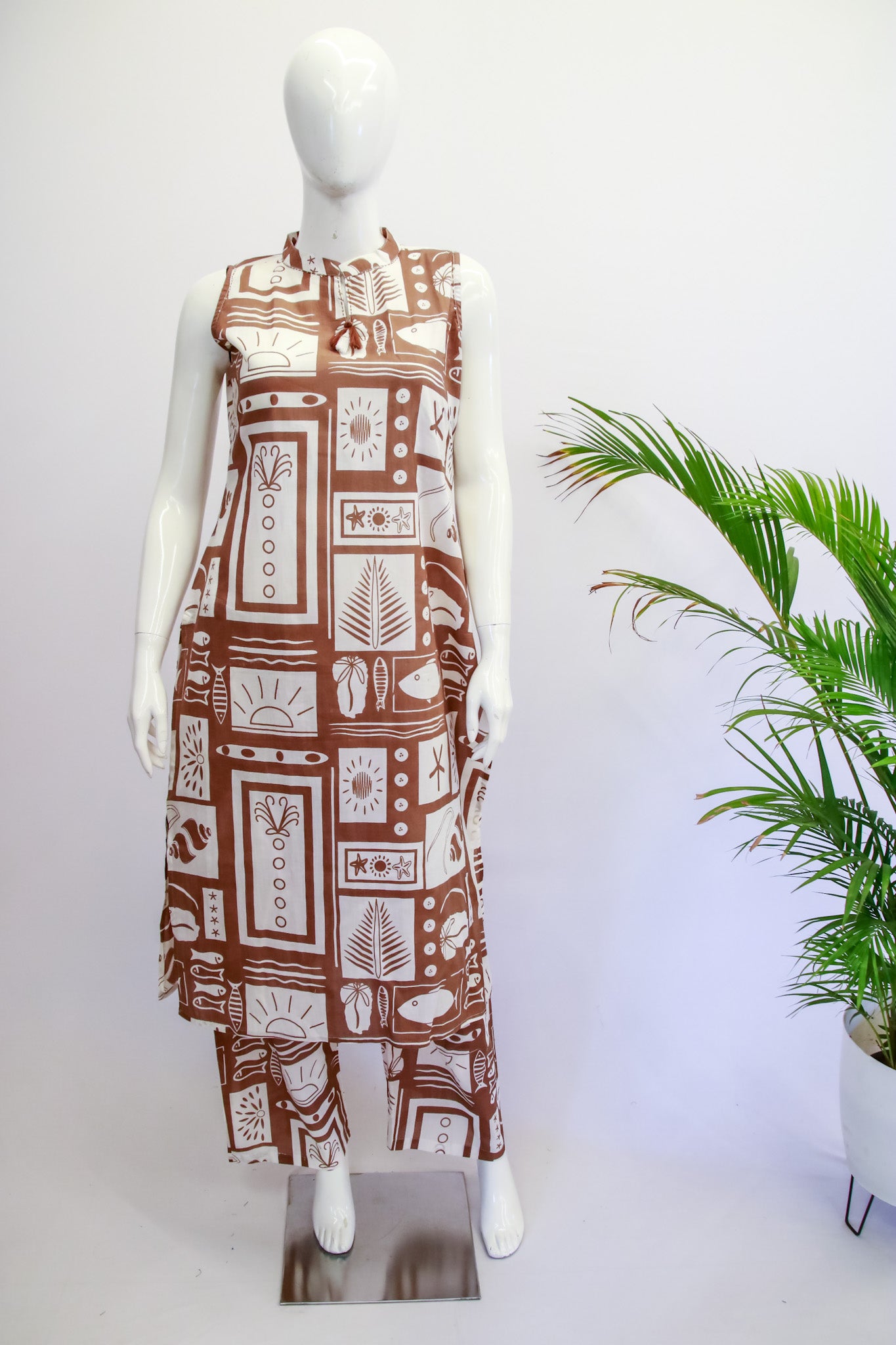 Cotton Sleeveless White & Brown Top and Pant Set