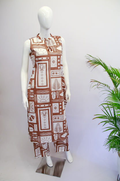 Cotton Sleeveless White & Brown Top and Pant Set
