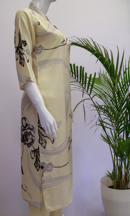 Cream Muslin Silk Top and Pant Set