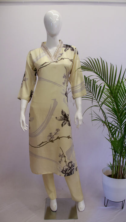 Cream Muslin Silk Top and Pant Set