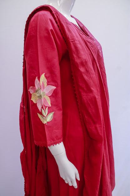 Deep Rose Floral Embroidered Kurta Dupatta Set