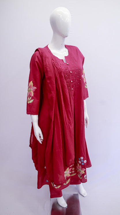 Deep Rose Floral Embroidered Kurta Dupatta Set