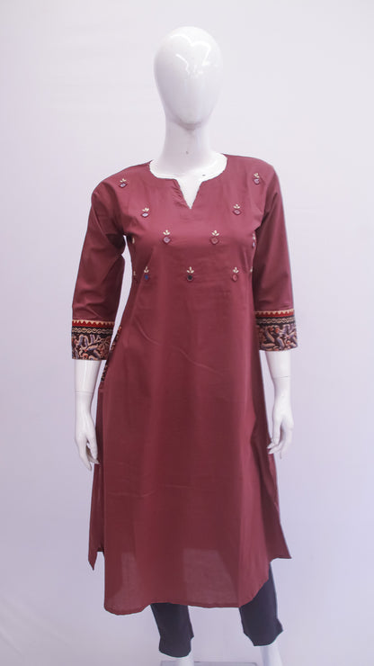Maroon kurta with intricate patterns on a mannequin against a white background