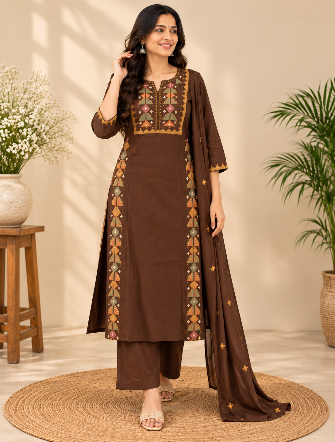 Brown Embroidered Kurta Pant Set with Dupatta