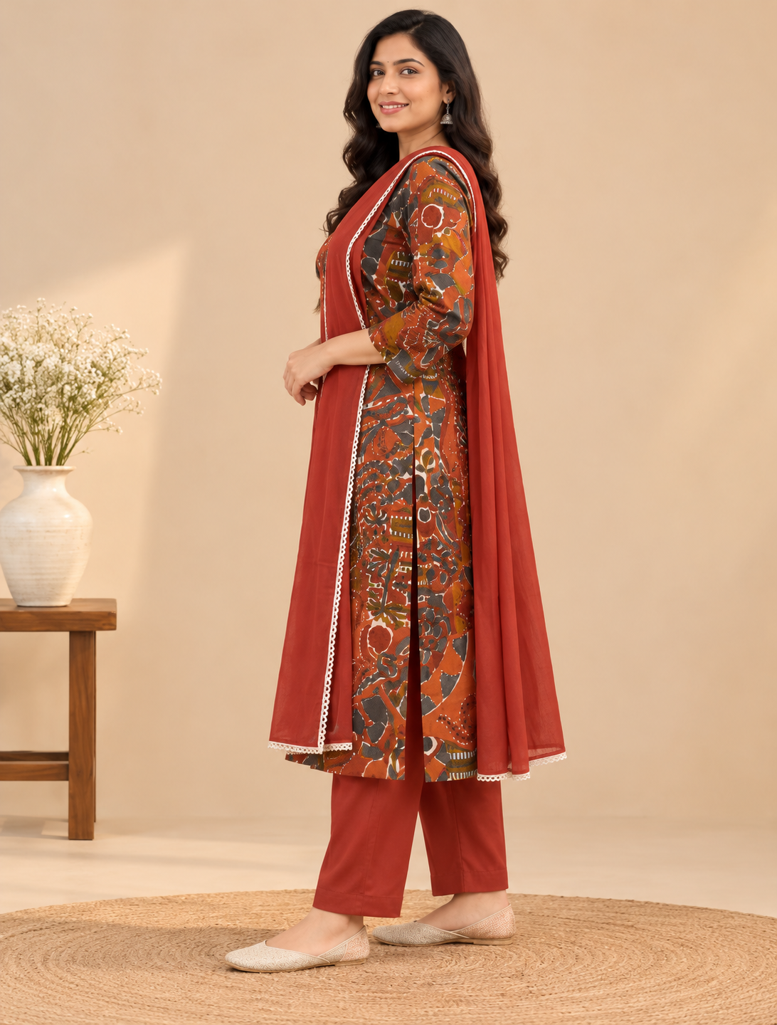 Rust red multicolour printed kurta pant set with matching lace-trimmed dupatta for women by Udojas Sutra.