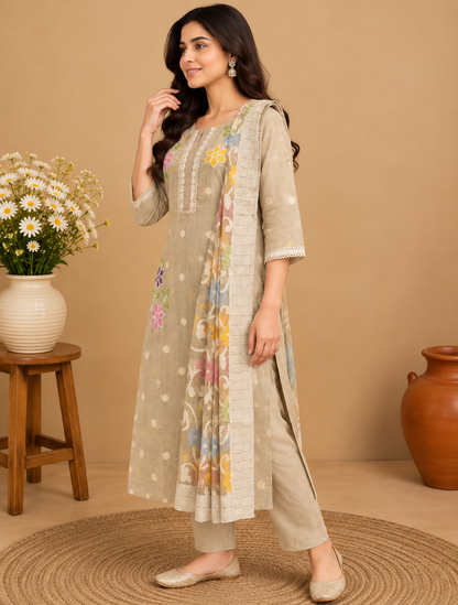 Beige floral embroidered cotton salwar set with printed dupatta, straight pants and lace detailing