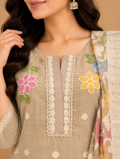 Beige floral embroidered cotton salwar set with printed dupatta, straight pants and lace detailing