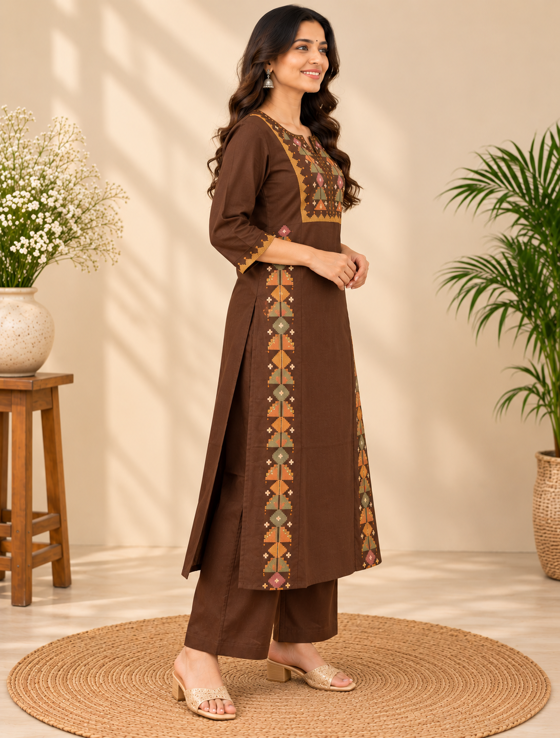 Brown Embroidered Kurta Pant Set with Dupatta