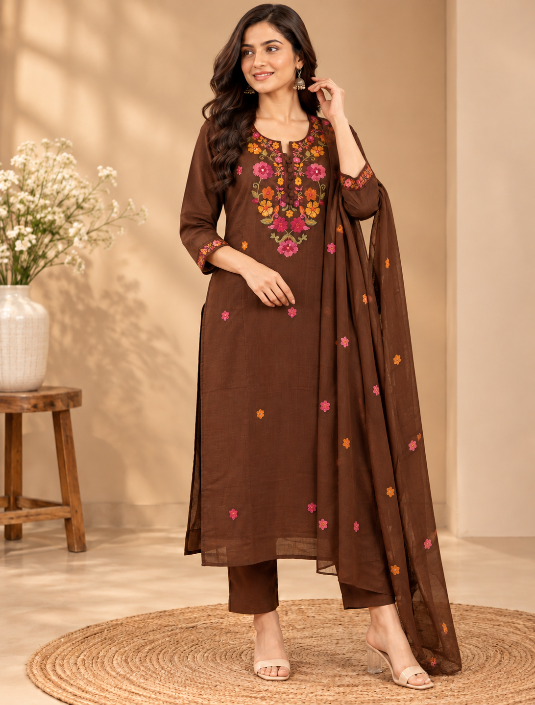Coffee brown embroidered kurta pant set with multicolour floral embroidery, matching pants and printed dupatta for women by Udojas Sutra.