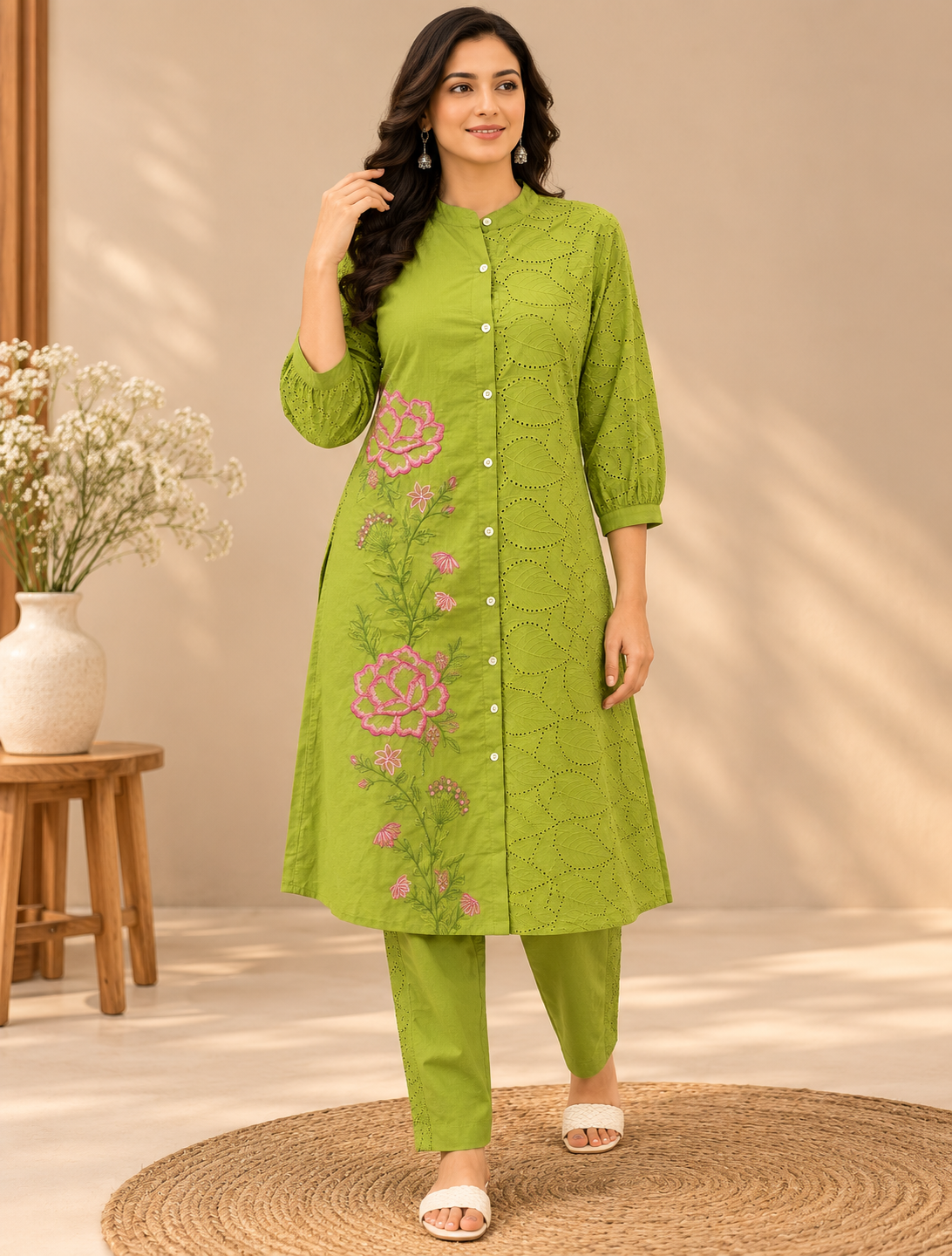 Green Hakoba cotton top and pant set with pink floral embroidery, button-down front and cutwork detailing.