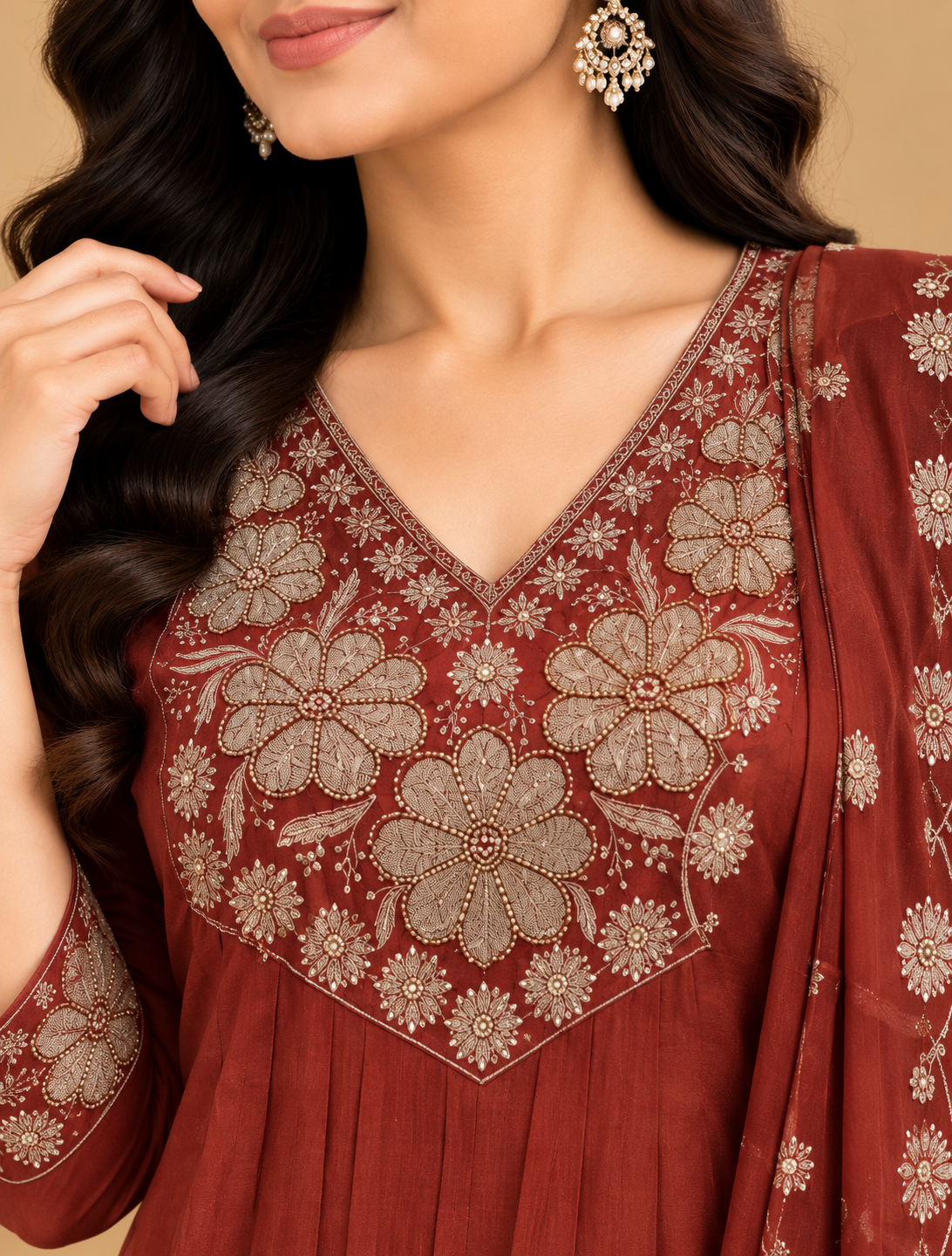 Rust maroon floral embroidered salwar set with matching pants and embroidered dupatta
