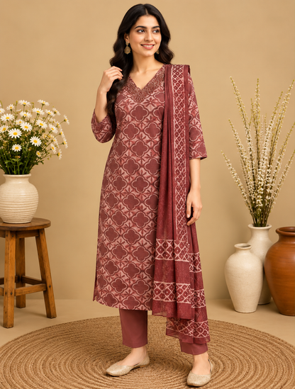 Maroon floral printed cotton salwar set with embroidered V-neckline, matching pants and printed dupatta