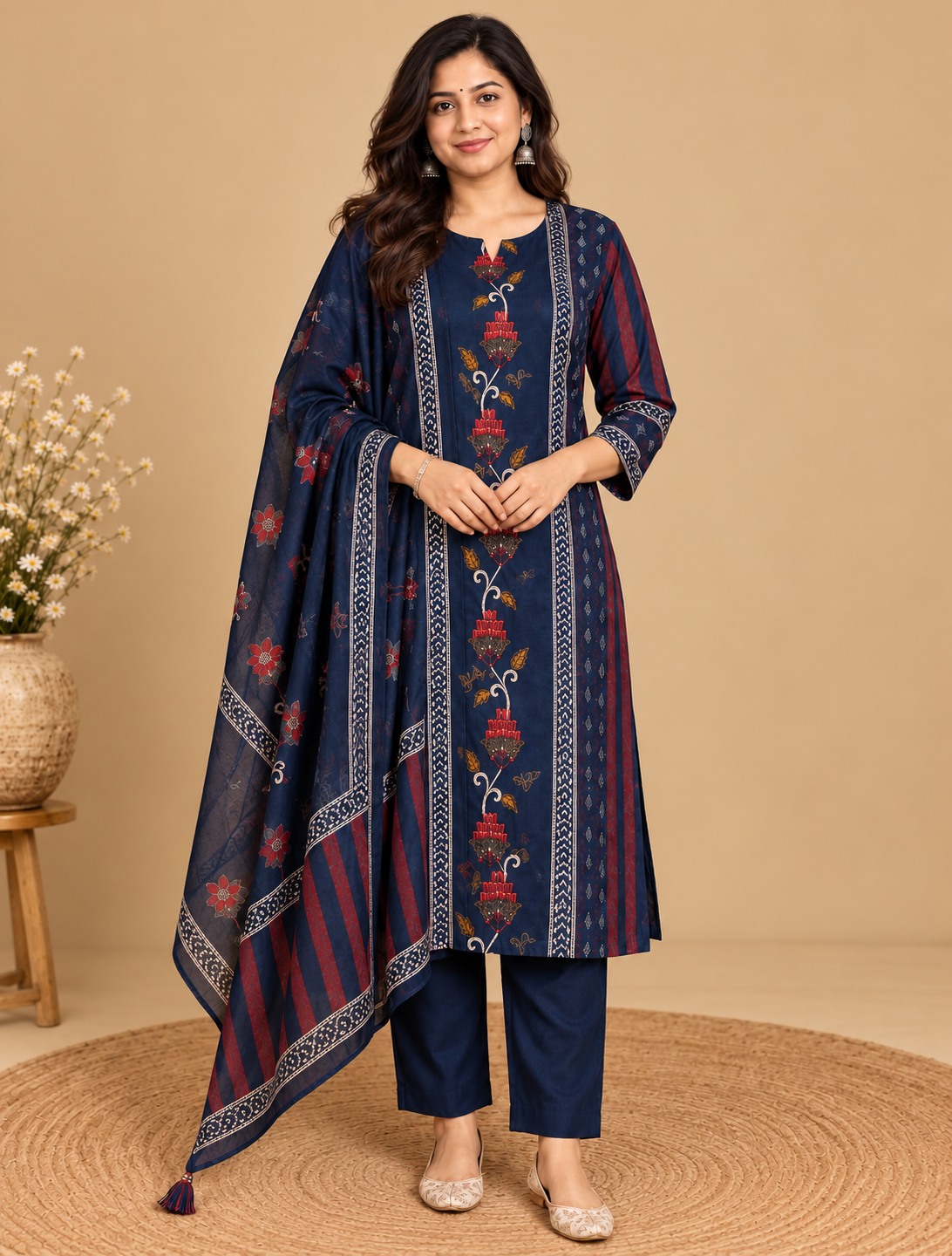 Navy blue kurta pant set with traditional floral motifs, decorative printed borders, matching pants and maroon striped dupatta with tassels, displayed on a female model.