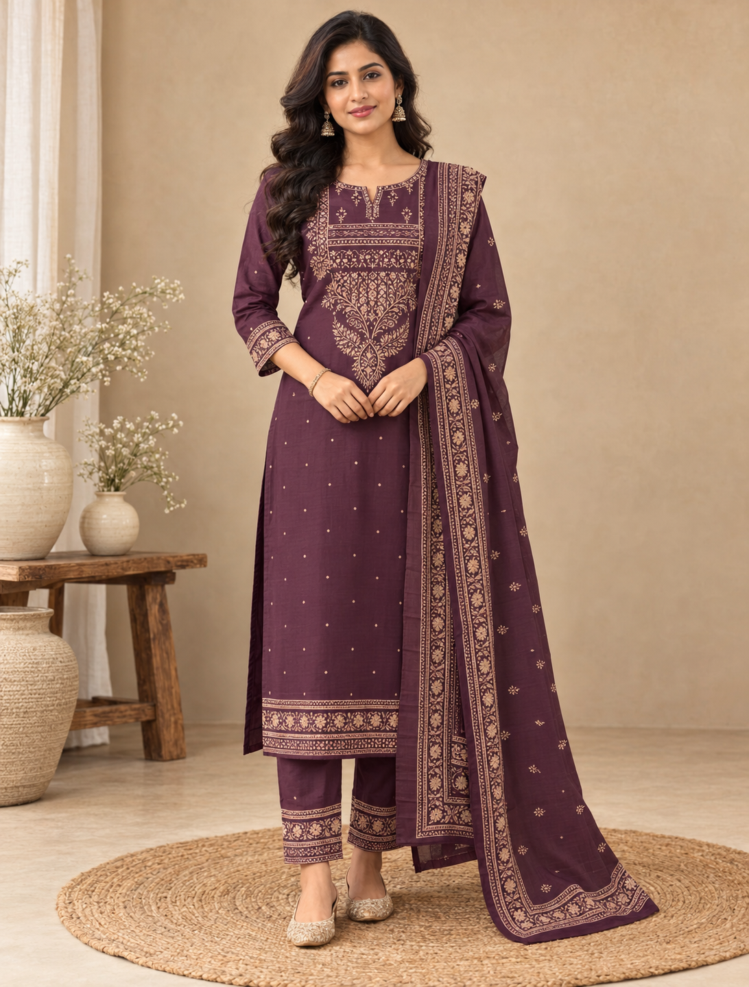 Purple cotton embroidered kurta pant set with beige-gold floral detailing and matching dupatta on a female model.