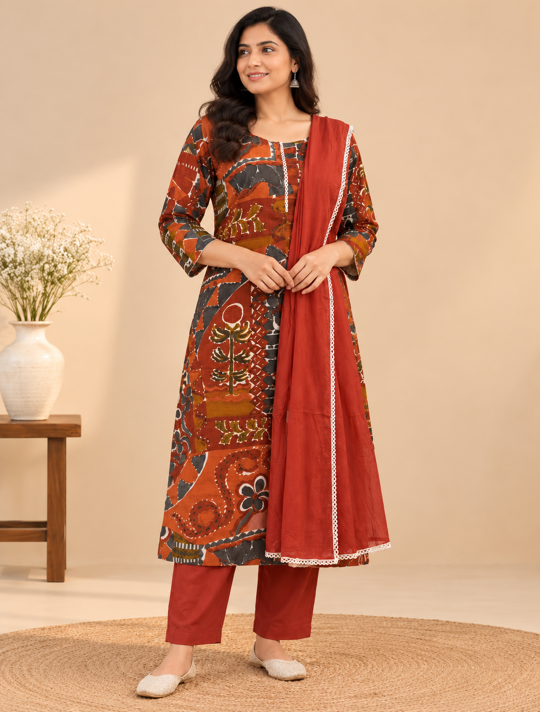 Rust red multicolour printed kurta pant set with matching lace-trimmed dupatta for women by Udojas Sutra.