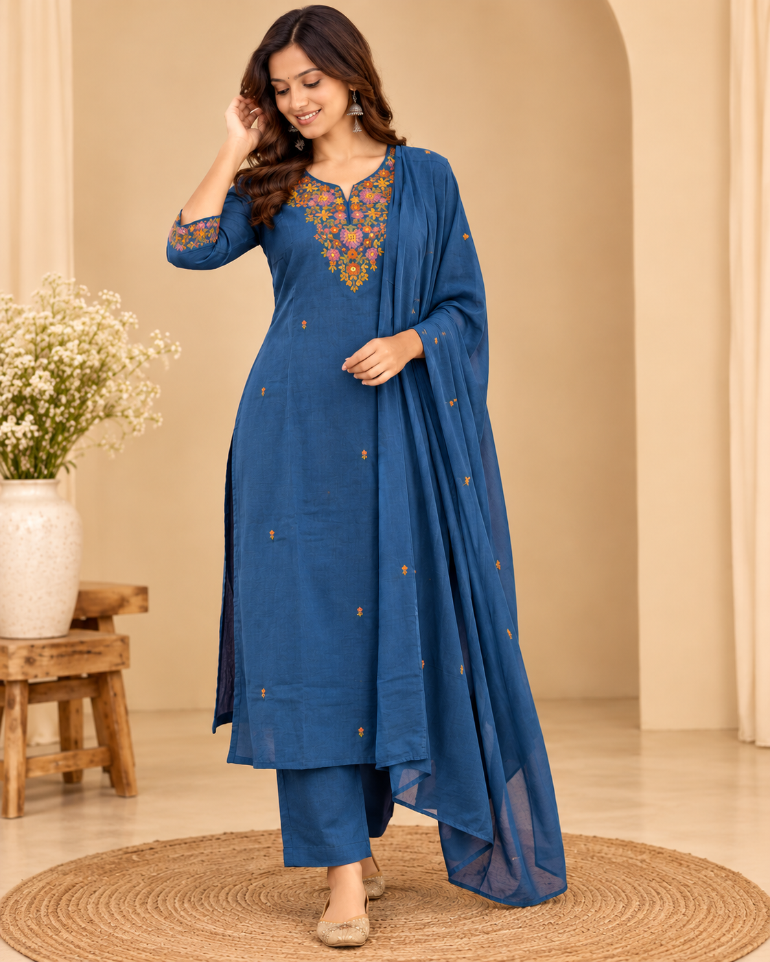 Blue women's kurta pant set with multicolour floral embroidery, matching pants and blue dupatta.