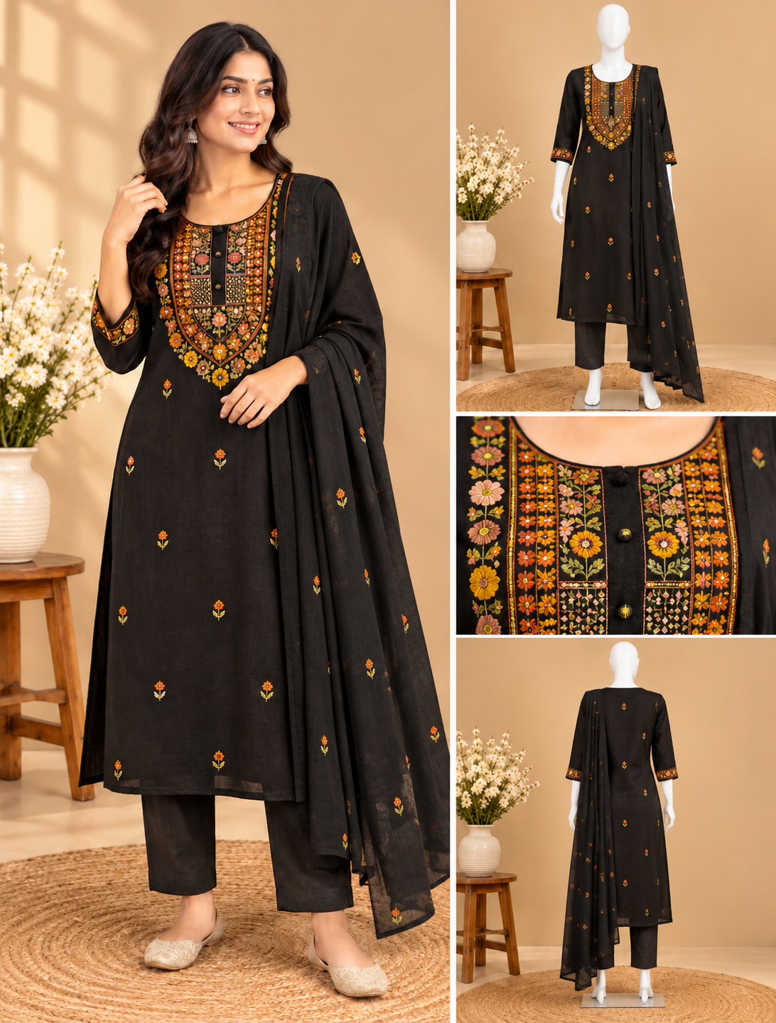 Black women's embroidered kurta pant set featuring colourful floral embroidery on the neckline and three-quarter sleeve borders, with small floral motifs throughout, by Udojas Sutra.