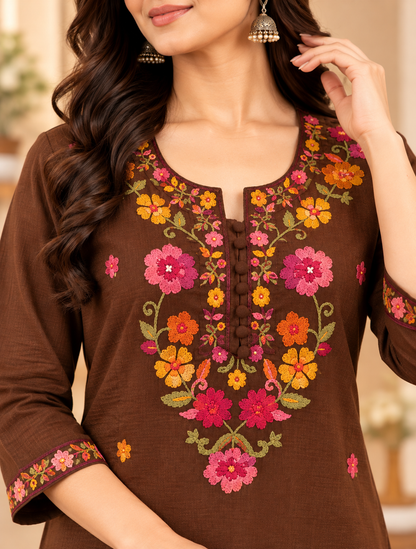 Coffee brown embroidered kurta pant set with multicolour floral embroidery, matching pants and printed dupatta for women by Udojas Sutra.