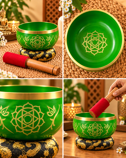 Green chakra singing bowl with a golden rim and intricate golden chakra-inspired symbol engraved inside.