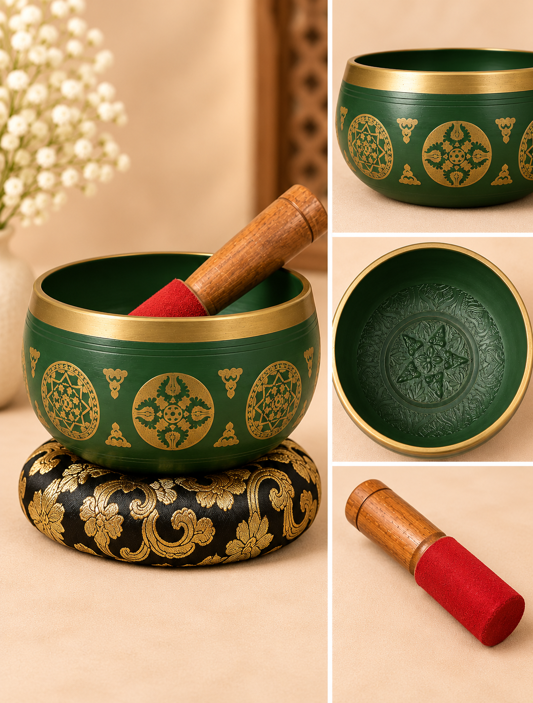 Green Engraved Singing Bowl with Wooden Mallet – 3.5 Inch