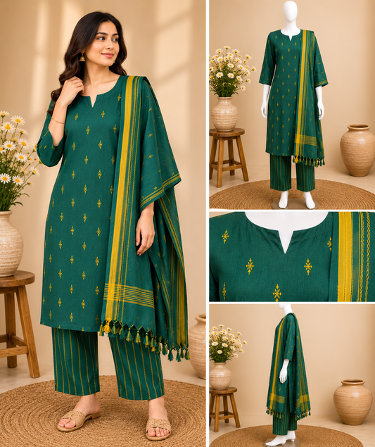A three-panel collage showing a dark green three-piece salwar kameez suit with yellow-gold motifs and a matching dupatta. The left panel features a woman modeling the outfit, while the right panels show close-up details of the kurta neckline and the dupatta border on mannequins.