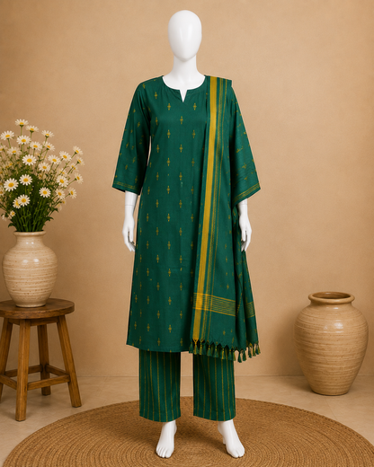 A three-piece Indian ethnic suit set displayed on a white mannequin. The set includes a dark green kurta with small gold motifs, matching green trousers with vertical gold stripes, and a coordinating dupatta with gold stripes and tassels.