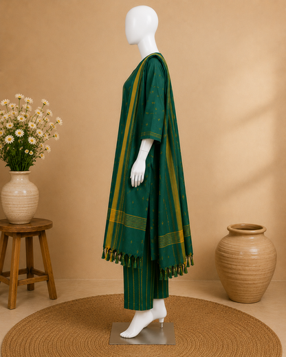 A dark green traditional outfit displayed on a white mannequin, featuring a long kurta with gold stripes, matching trousers, and a coordinating dupatta, set against a warm beige background with decorative vases and a stool.