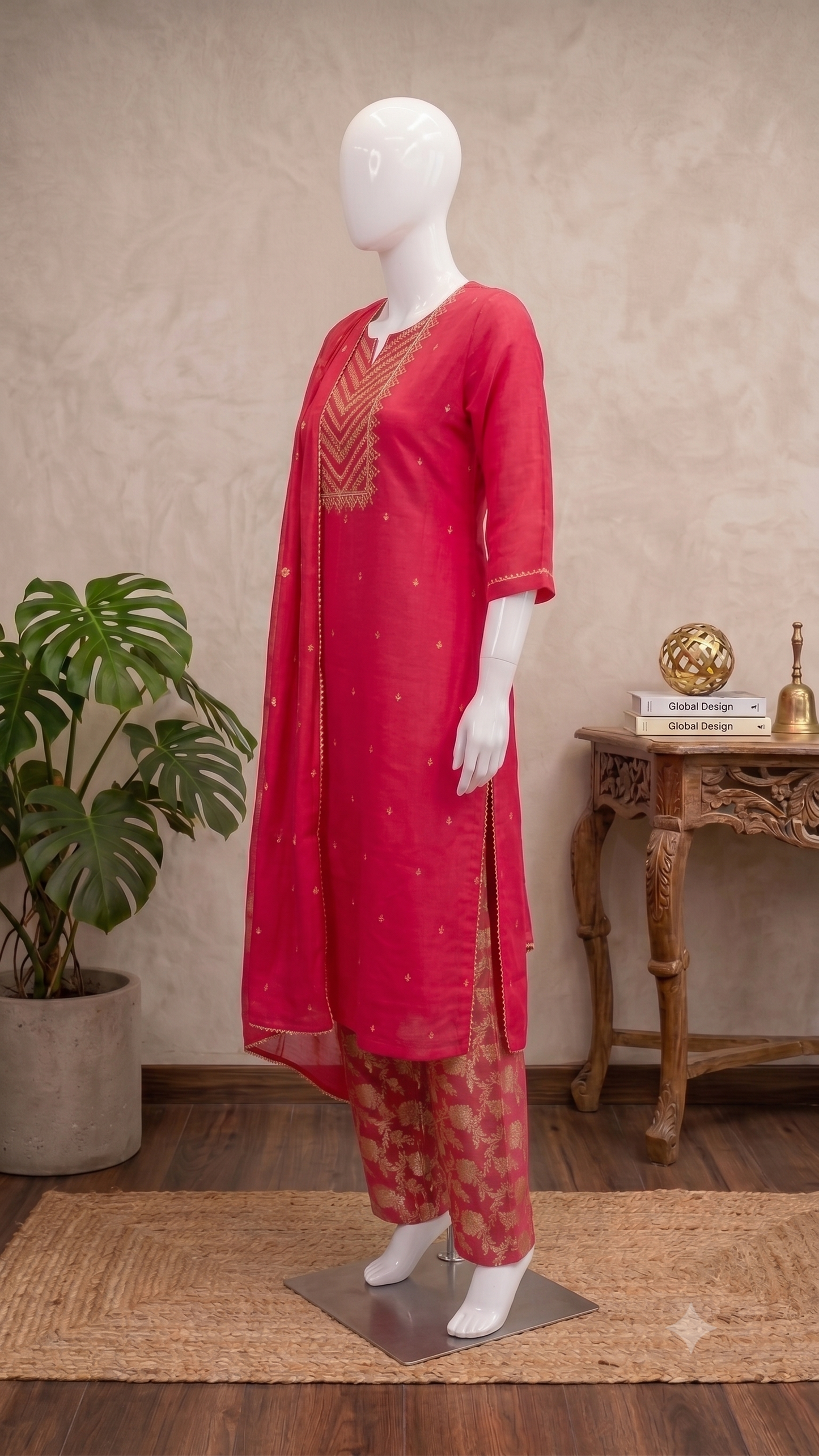 Rani Pink Dola Silk Kurta Pant Dupatta Set