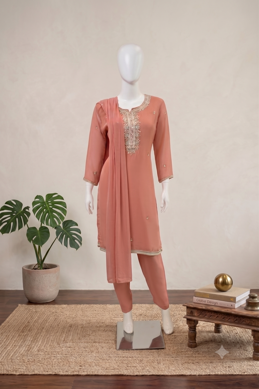 Peach Chiffon Dupatta Set