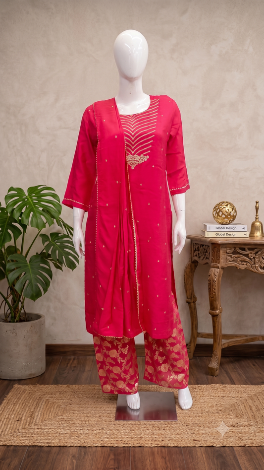 Rani Pink Dola Silk Kurta Pant Dupatta Set