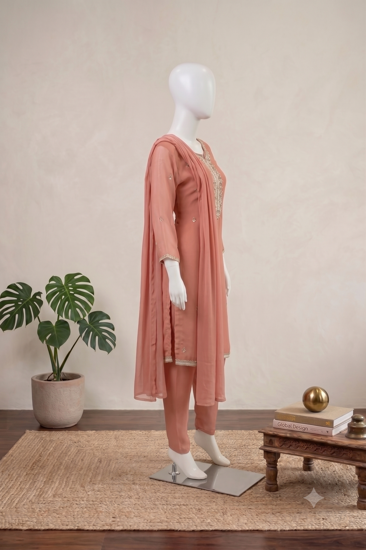 Peach Chiffon Dupatta Set