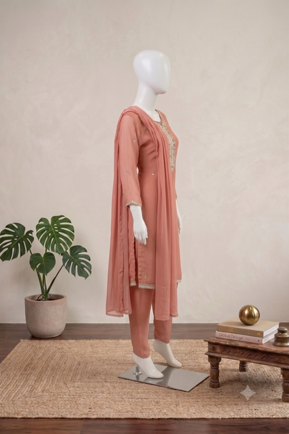 Peach Chiffon Dupatta Set
