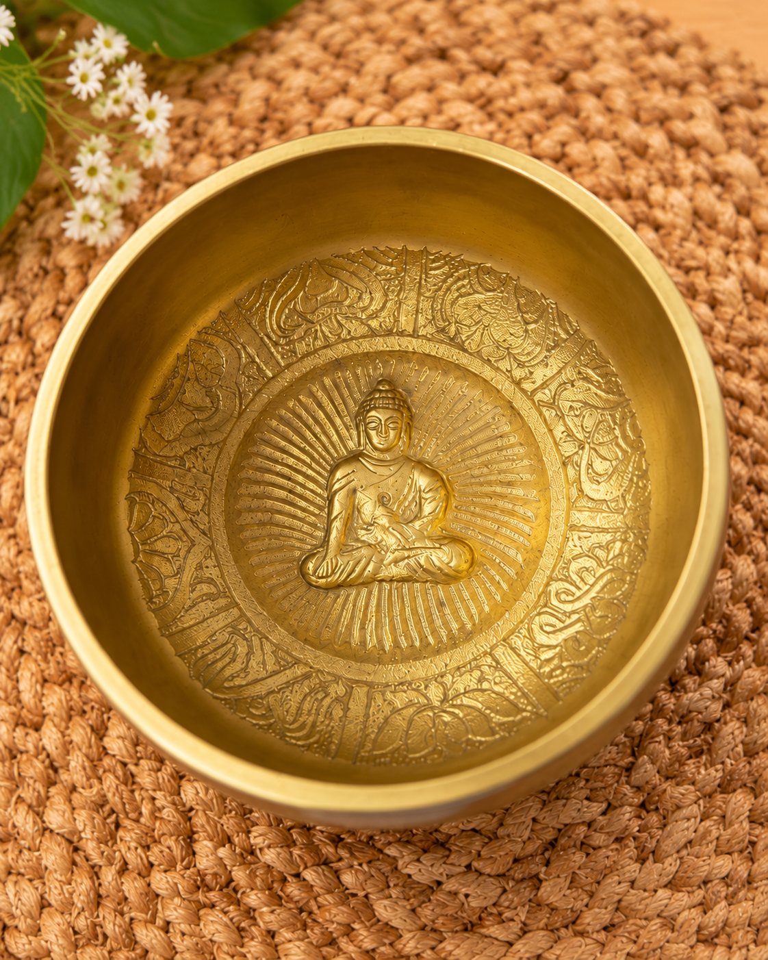 Buddha Engraved Singing Bowl with Wooden Mallet and Cushion – 3.5 Inch