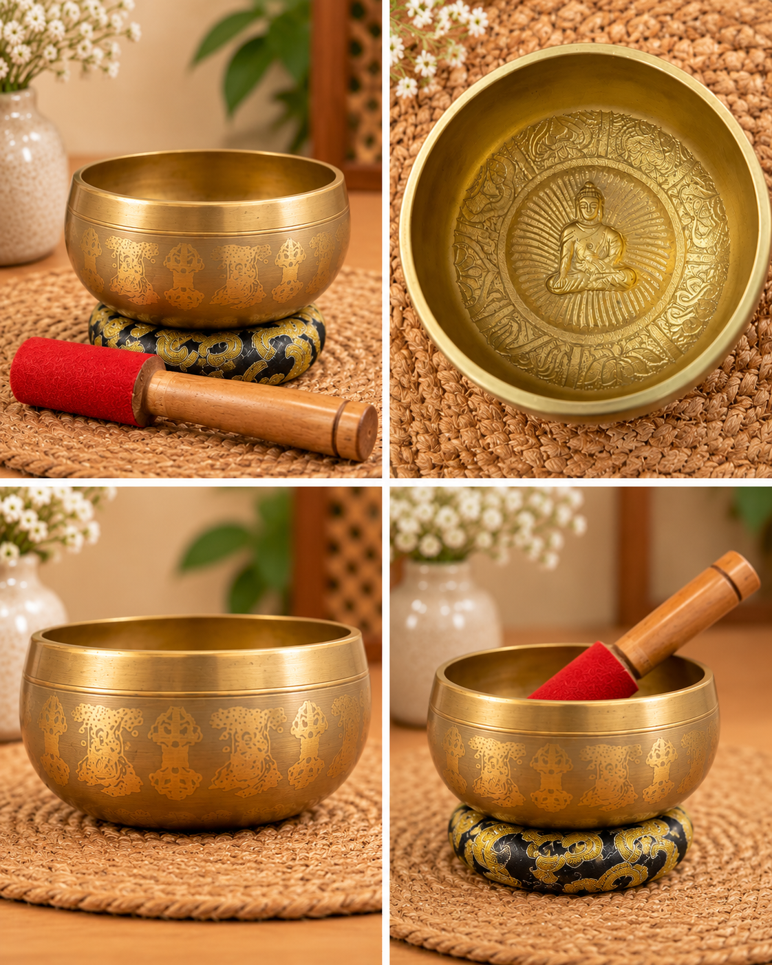Buddha Engraved Singing Bowl with Wooden Mallet and Cushion – 3.5 Inch